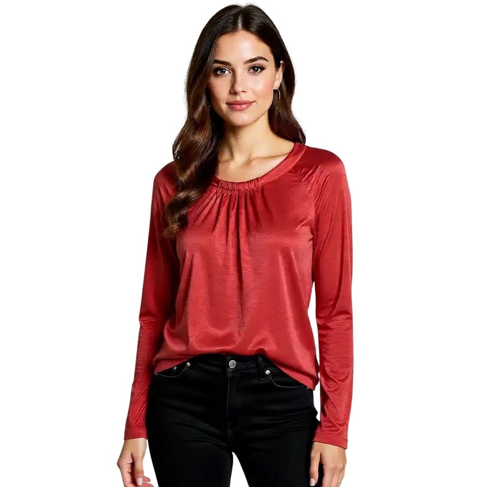 Kenneth Cole New York Orange Gathered Neck Long Sleeve Blouse Top Women's Md NWT